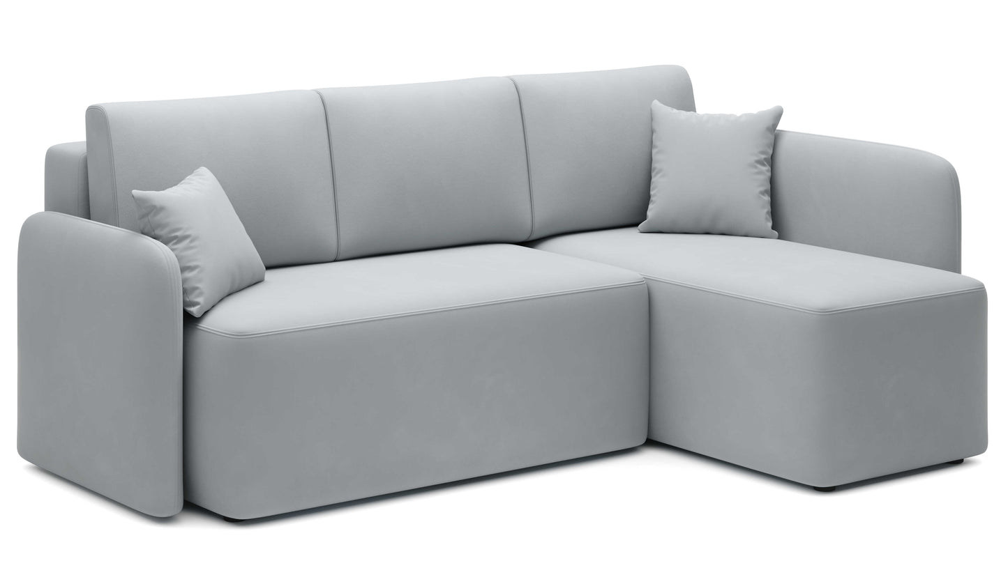 Jasnoszary narożnik Hadson w układzie prawym, minimalistyczny design z miękkimi poduchami.