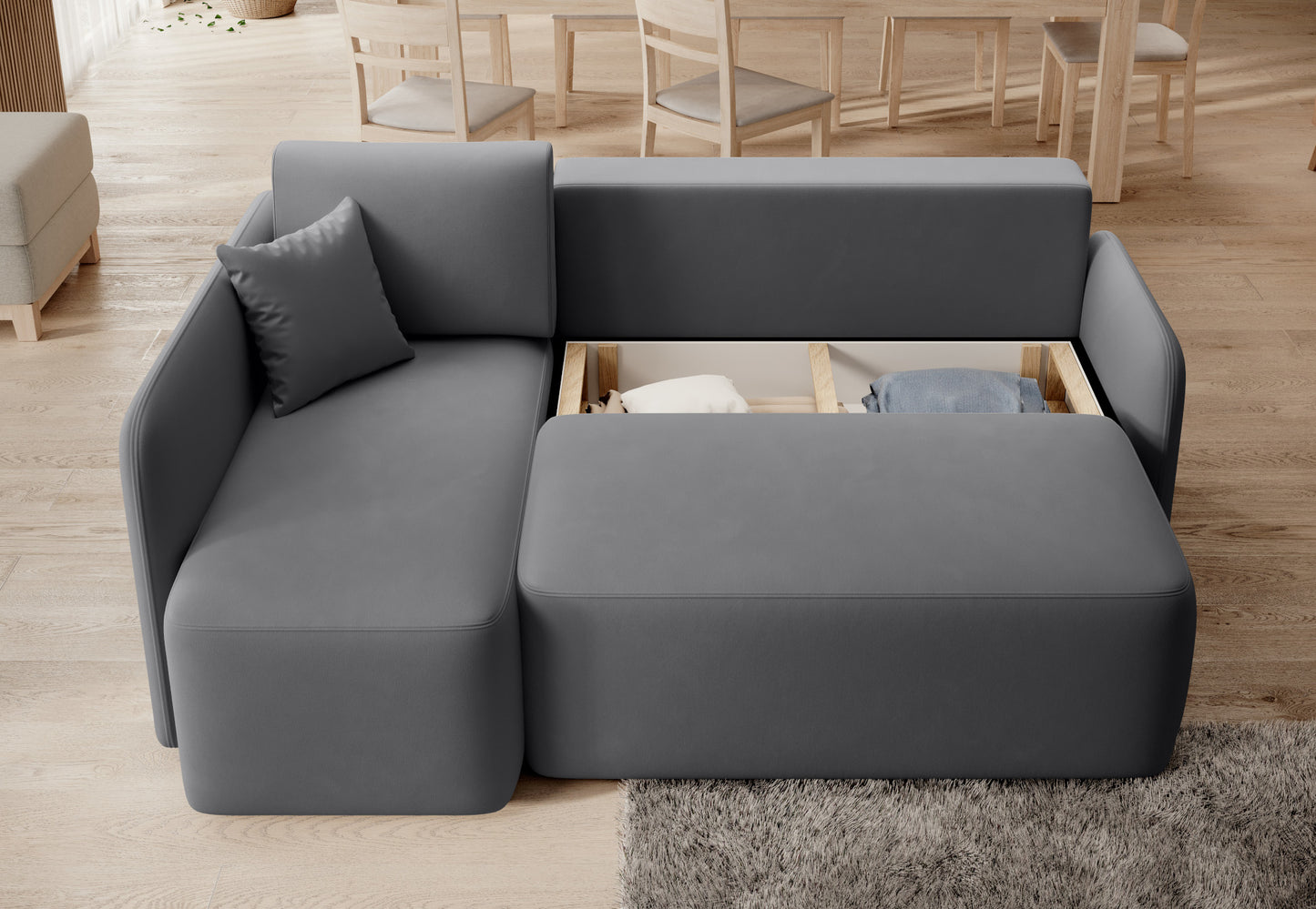 Otwarty pojemnik na pościel w narożniku Hadson szarym, widoczna przestrzeń do przechowywania.