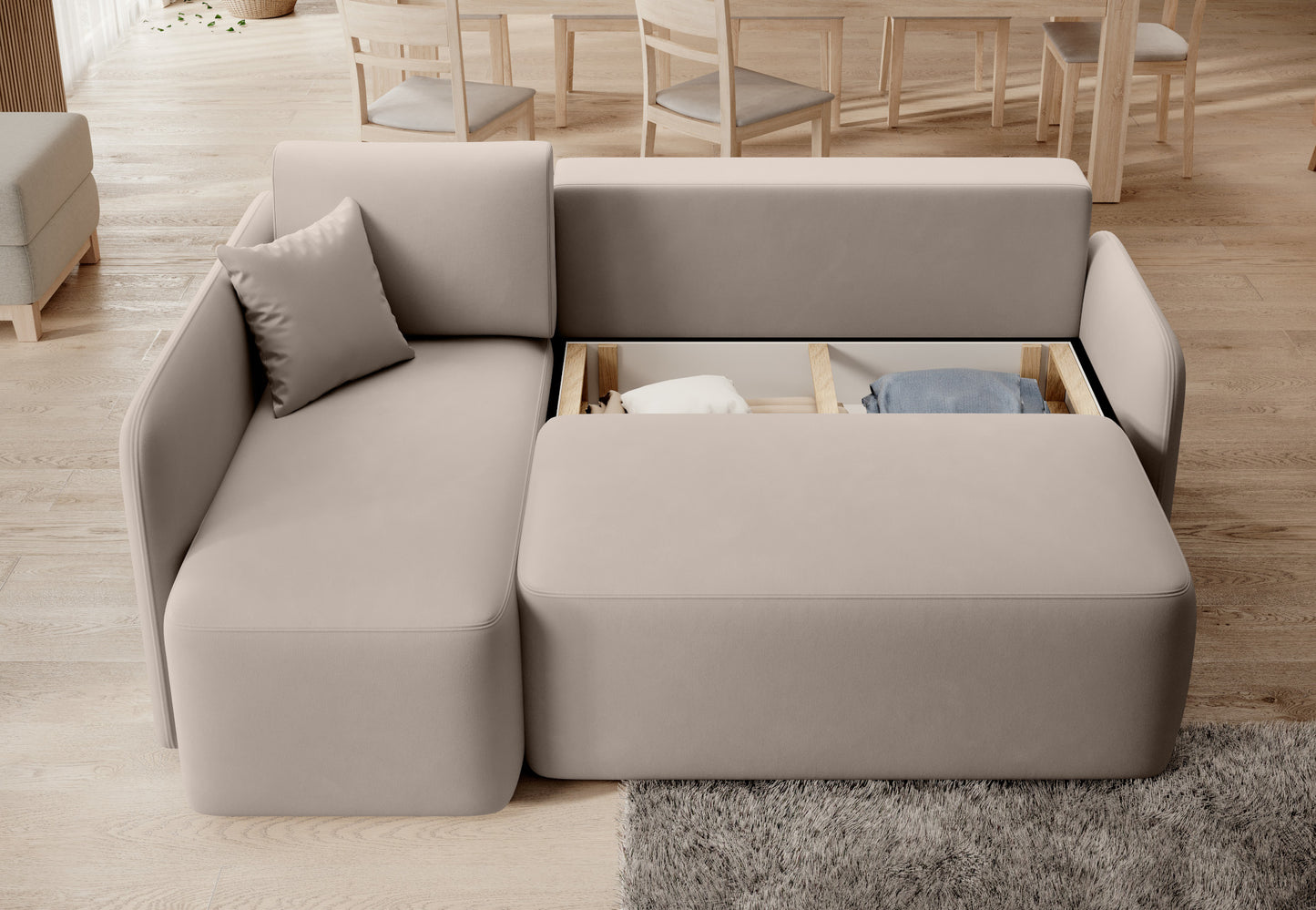 Otwarty pojemnik na pościel w narożniku Hadson w kolorze jasnobeżowym.