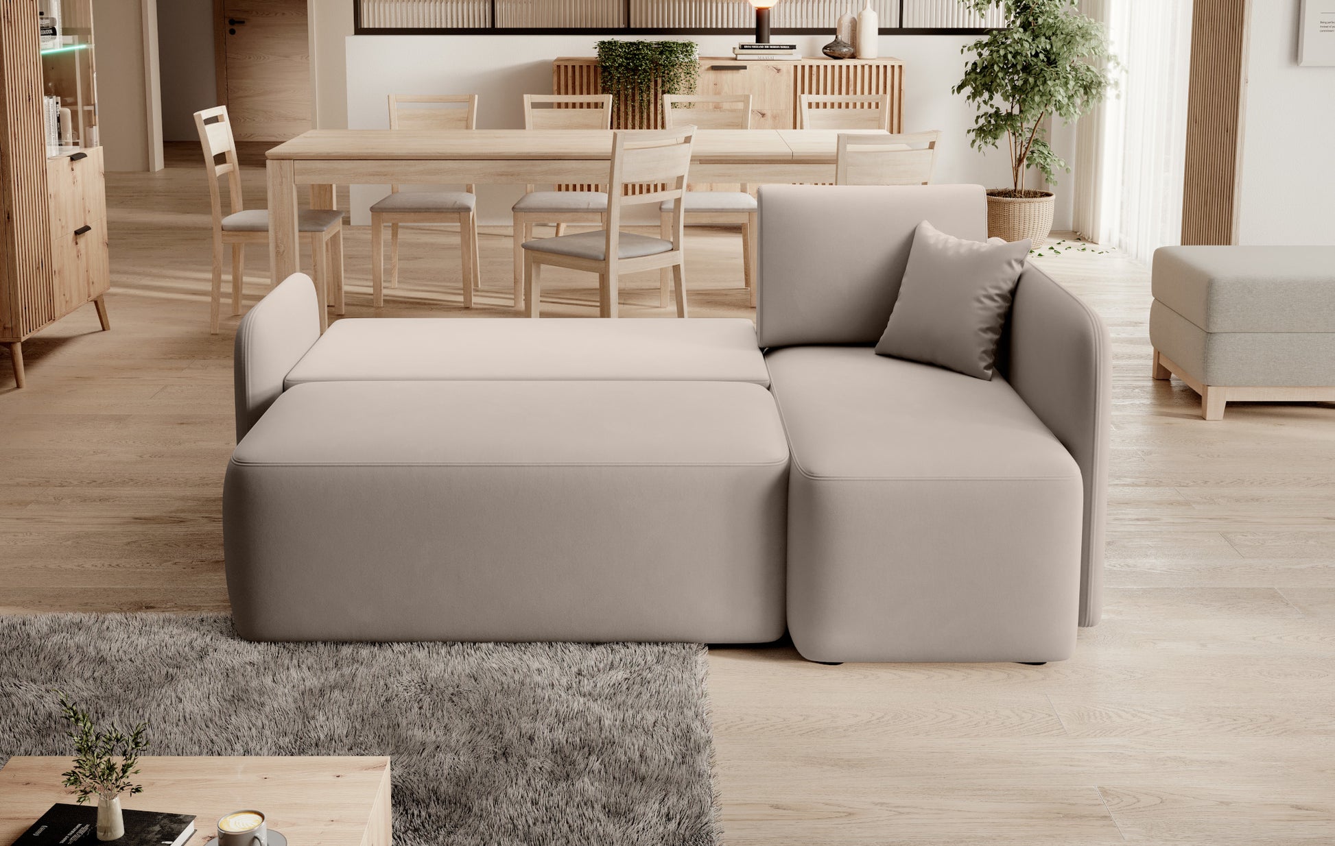 Narożnik Hadson jasnobeżowy rozłożony do funkcji spania w układzie prawym.