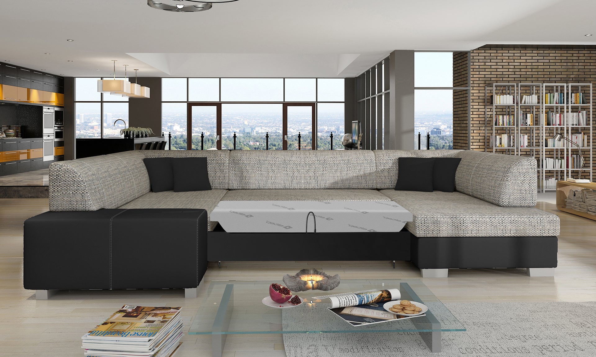 Narożnik Havana Berlin 01 szary Soft 11 czarny w salonie, widok z boku