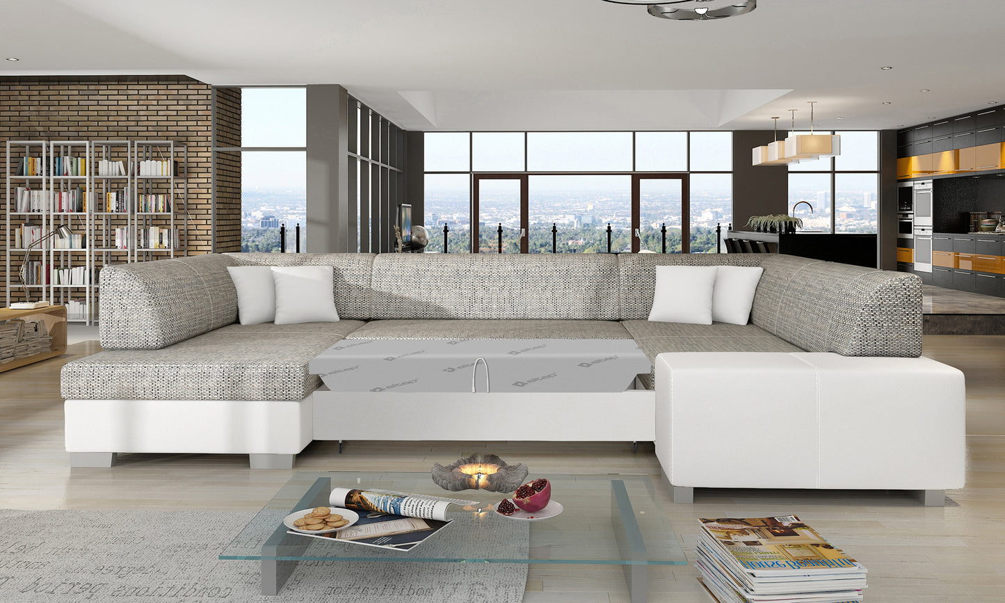 Narożnik Havana Berlin 01 szary z białymi wykończeniami Soft 17, modułowa sofa prezentowana w jasnym salonie