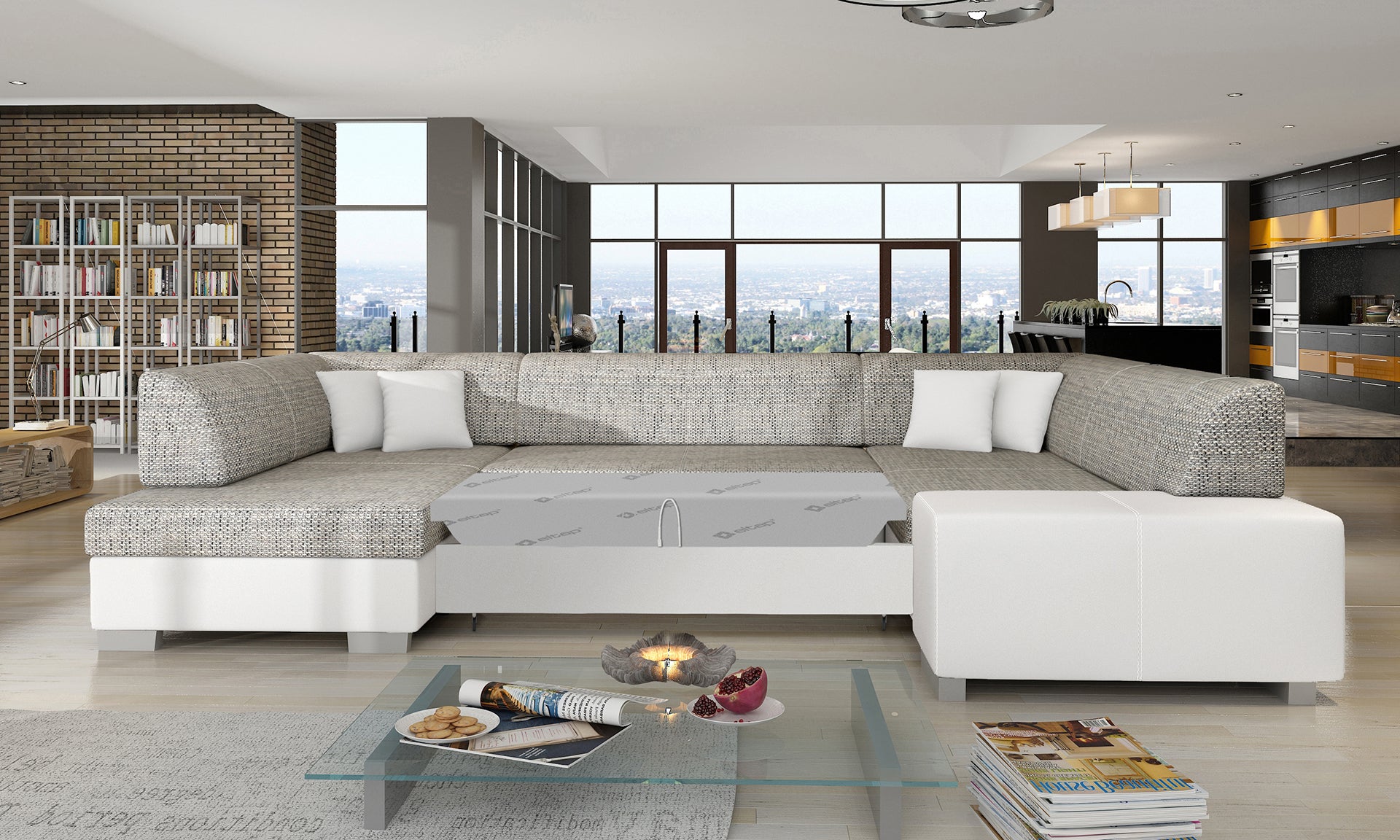 Narożnik Havana Berlin 01 szary z białymi wykończeniami Soft 17, modułowa sofa prezentowana w jasnym salonie