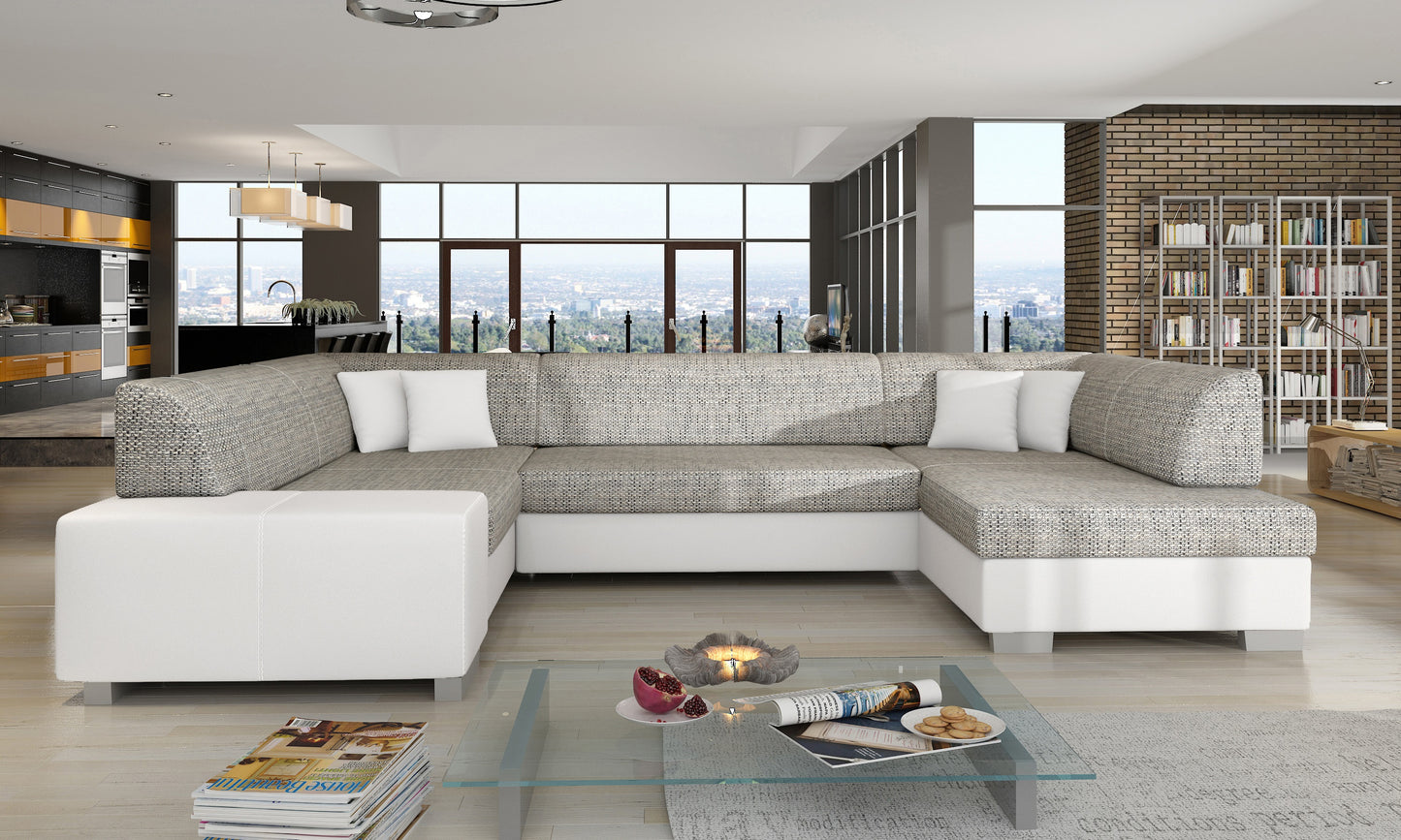 Szaro-biały narożnik Havana w tkaninach Berlin 01 i Soft 17 ustawiony w eleganckiej aranżacji salonu