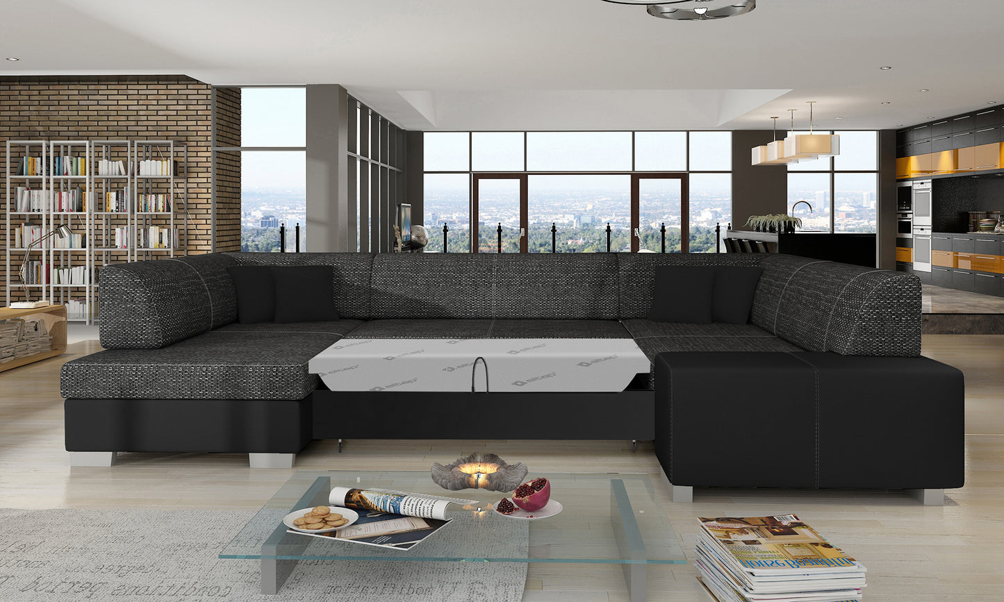 Narożnik Havana Berlin 02 czarny z wykończeniami Soft 11, modułowa sofa prezentowana w nowoczesnym salonie