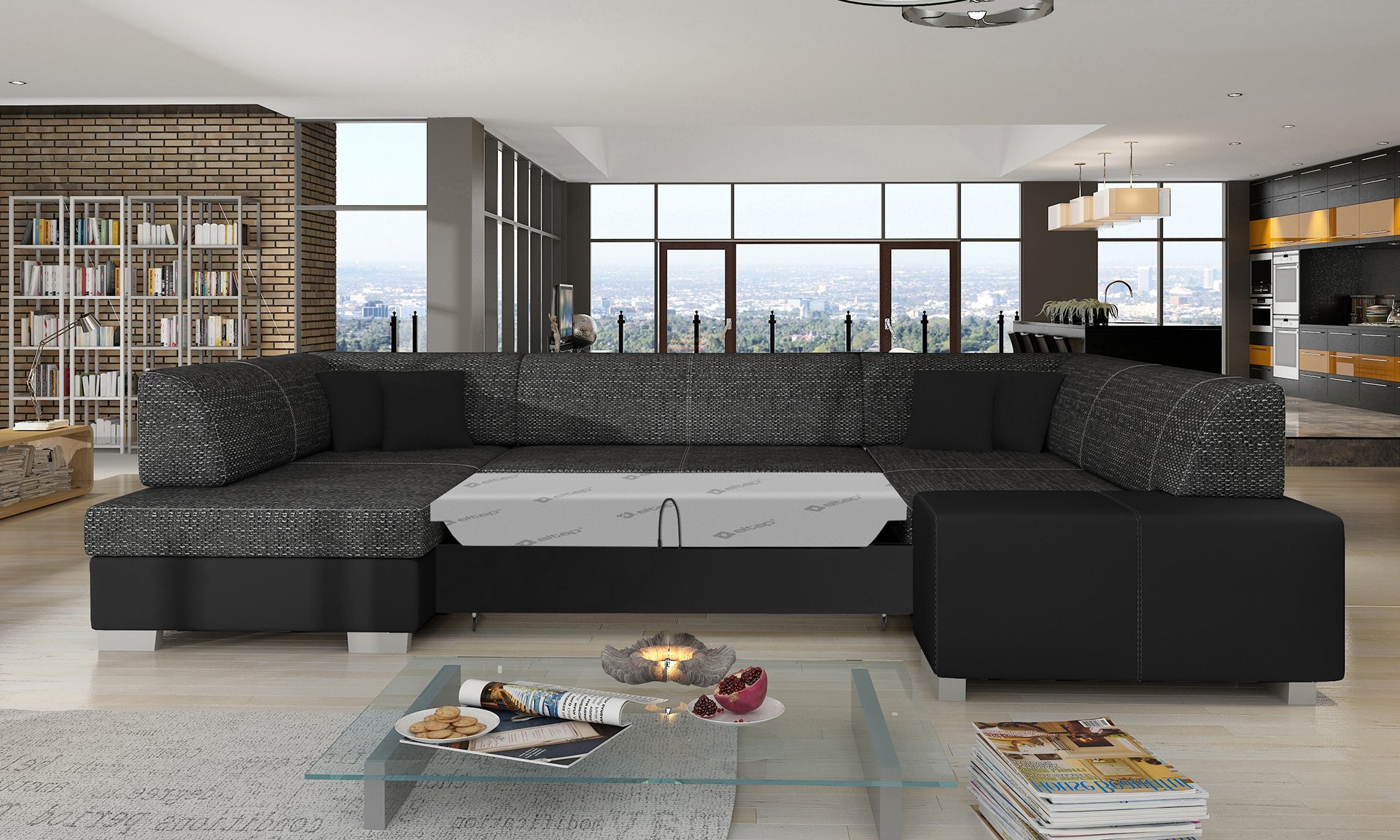 Narożnik Havana Berlin 02 czarny z wykończeniami Soft 11, modułowa sofa prezentowana w nowoczesnym salonie