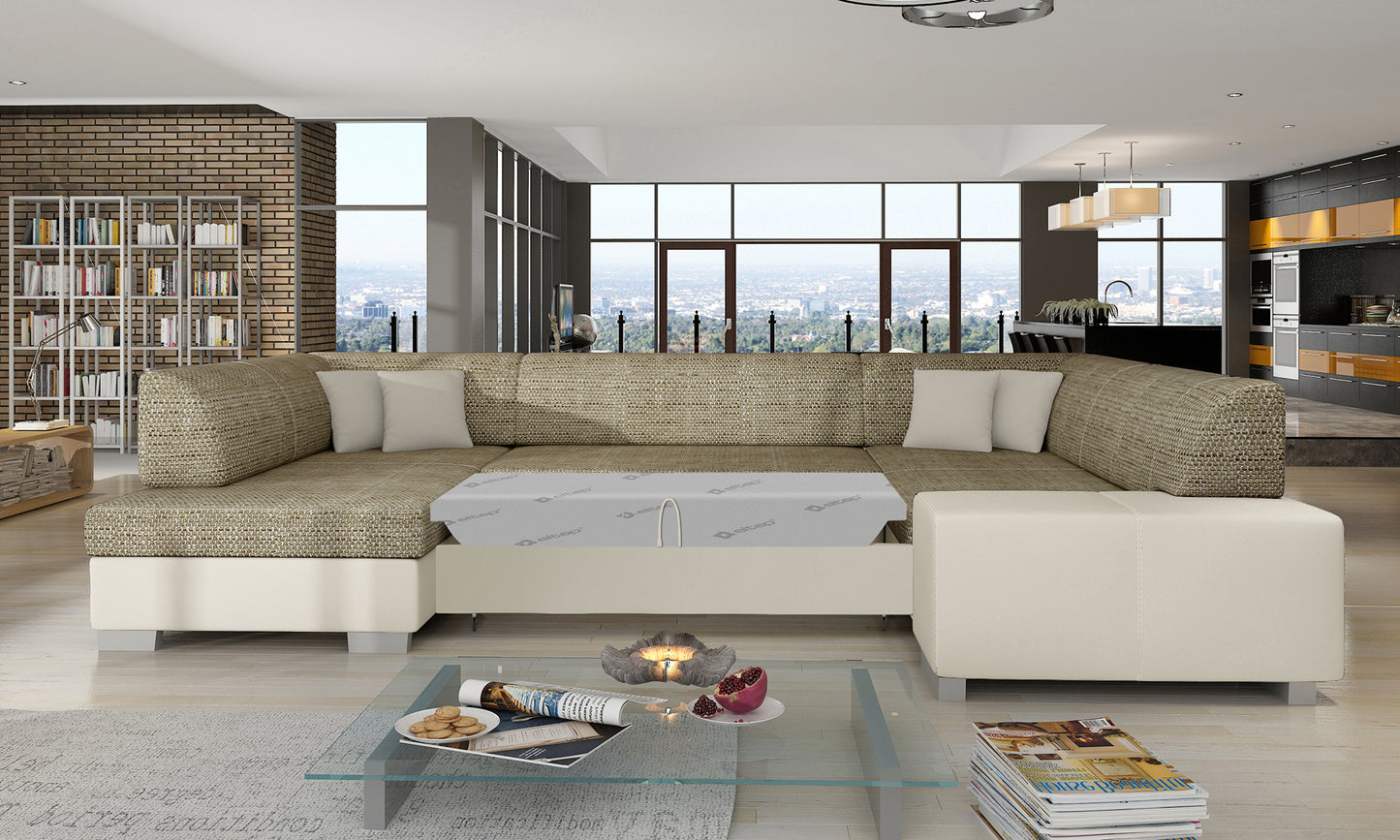 Narożnik Havana Berlin 03 beżowy z beżowymi wykończeniami Soft 33, modułowa sofa prezentowana w przestronnym salonie