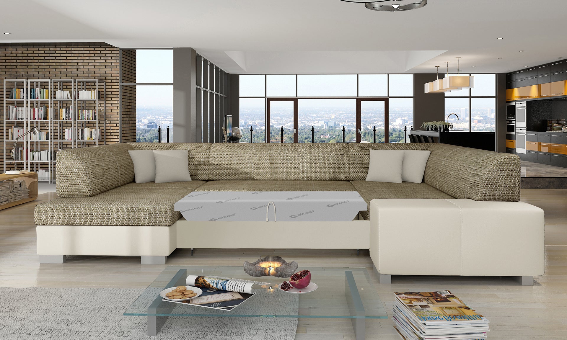 Narożnik Havana Berlin 03 beżowy z beżowymi wykończeniami Soft 33, modułowa sofa prezentowana w przestronnym salonie