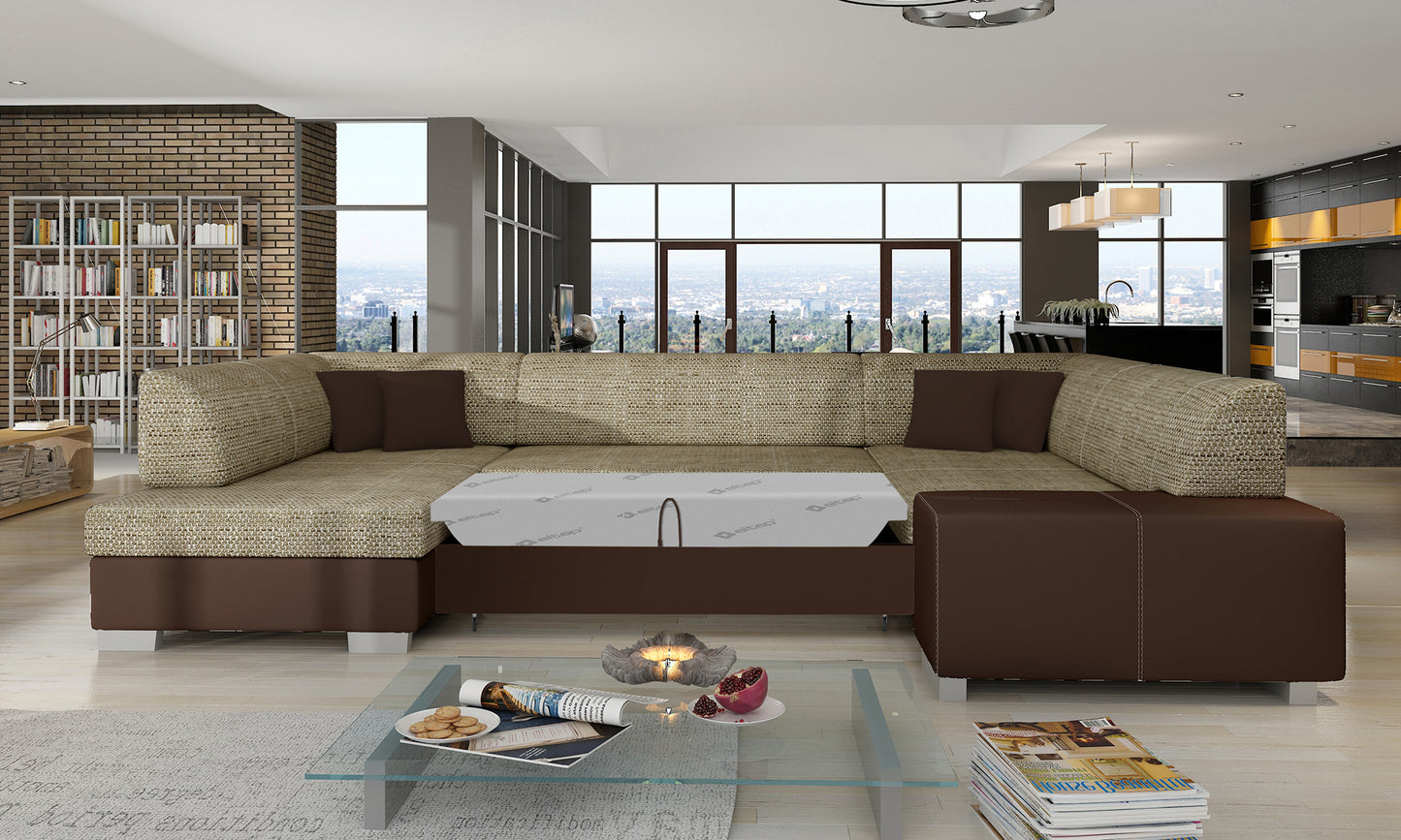 Narożnik Havana Berlin 03 beżowy z brązowymi wykończeniami Soft 66, modułowa sofa prezentowana w przestronnym salonie