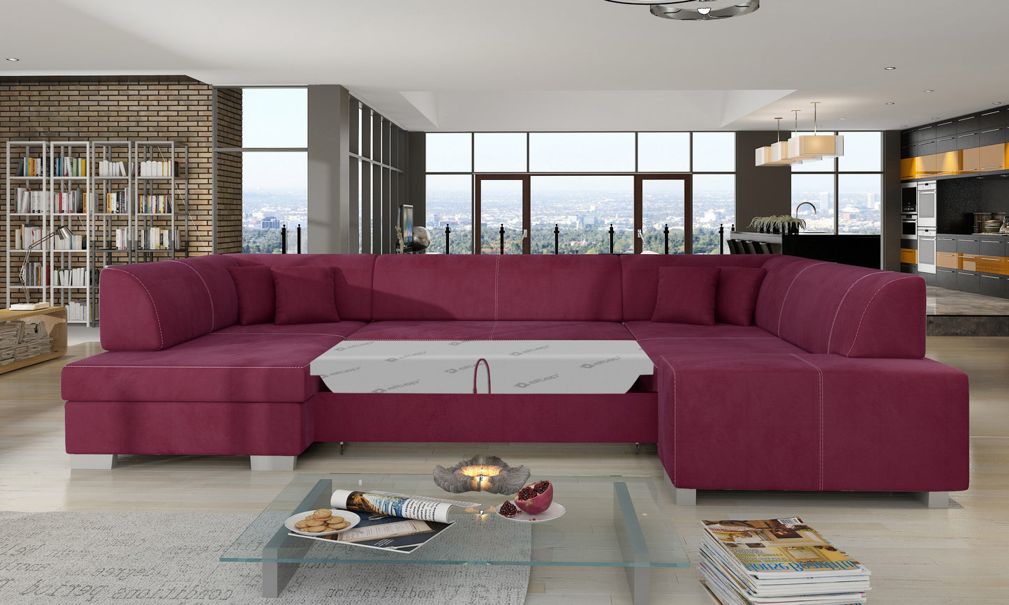 Narożnik Havana Matt Velvet 68 bordowy, modułowa sofa prezentowana w nowoczesnym salonie