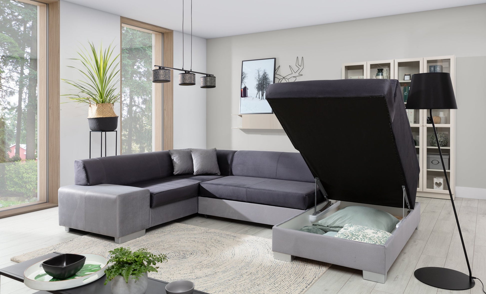 Narożnik Havana Monolith 97 z szarymi wykończeniami Monolith 84, modułowa sofa prezentowana w nowoczesnym salonie