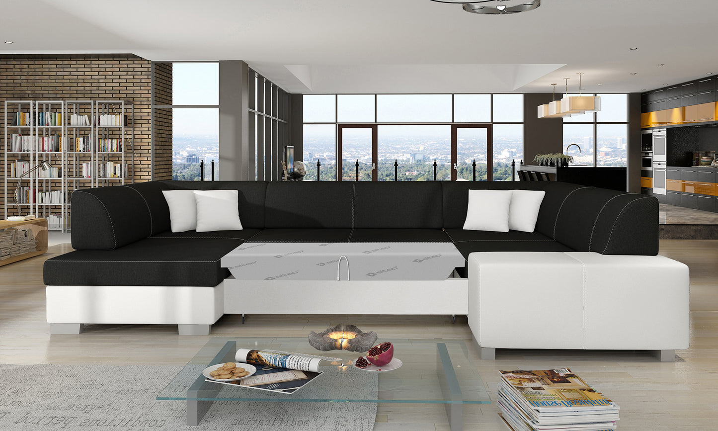 Narożnik Havana Sawana 14 czarny z białymi wykończeniami Soft 17, modułowa sofa w przestronnym salonie