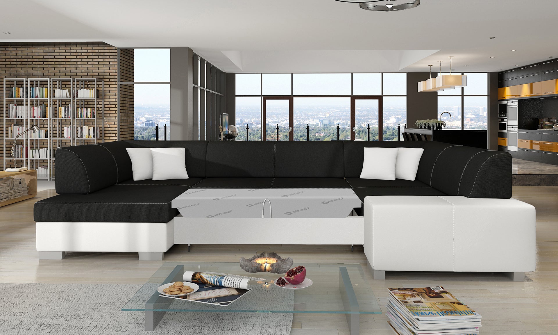 Narożnik Havana Sawana 14 czarny z białymi wykończeniami Soft 17, modułowa sofa w przestronnym salonie