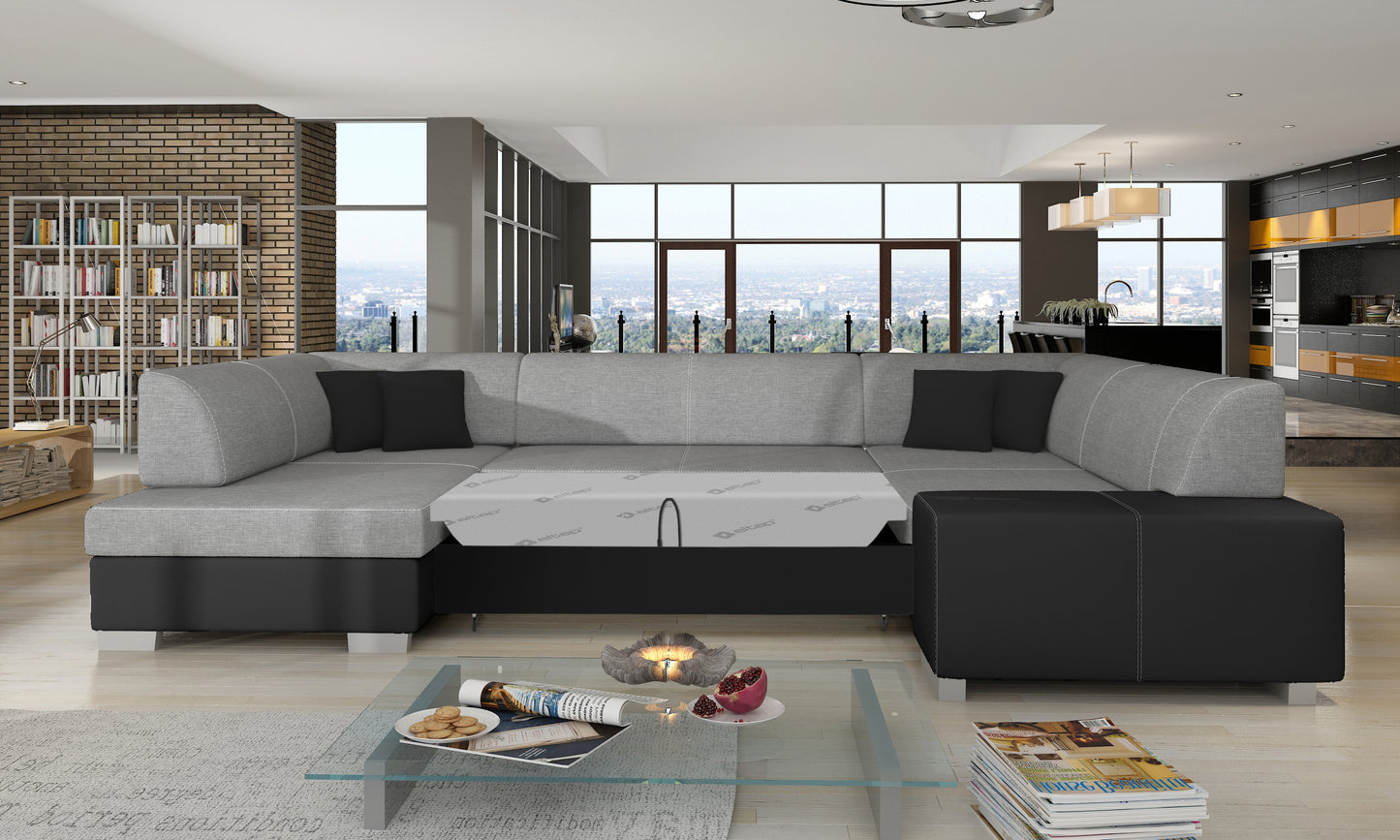 Narożnik Havana Sawana 21 szary z czarnymi wykończeniami Soft 11, modułowa sofa prezentowana w jasnym salonie