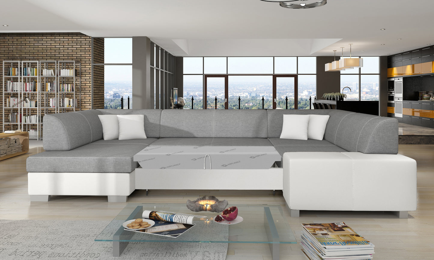 Narożnik Havana Sawana 21 szary z białymi wykończeniami Soft 17, modułowa sofa prezentowana w eleganckim salonie