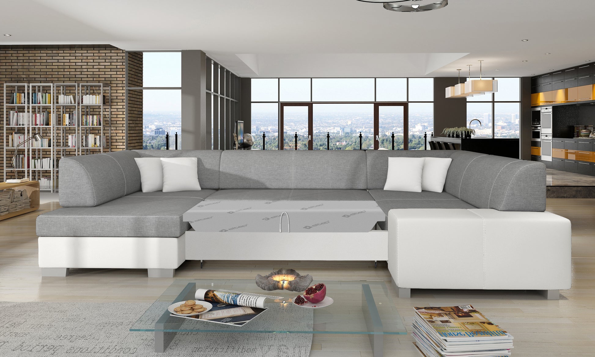 Narożnik Havana Sawana 21 szary z białymi wykończeniami Soft 17, modułowa sofa prezentowana w eleganckim salonie