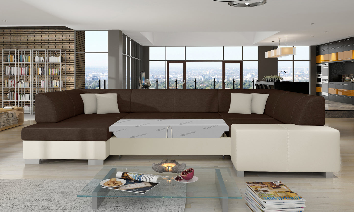 Narożnik Havana Sawana 26 brązowy z beżowymi elementami Soft 33, modułowa sofa prezentowana w jasnym salonie