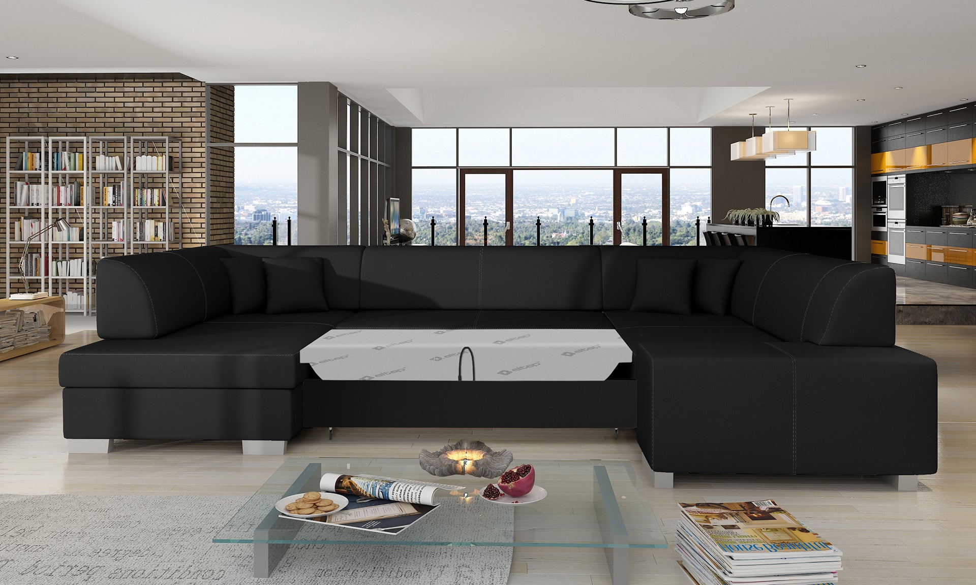 Narożnik Havana Soft 11 czarny, modułowa sofa prezentowana w nowoczesnym salonie