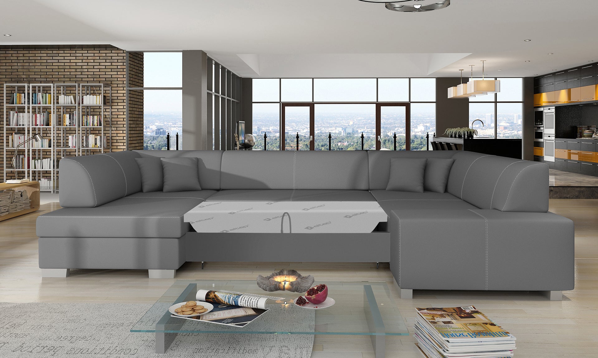 Narożnik Havana Soft 29 szary, modułowa sofa prezentowana w nowoczesnym, jasnym salonie