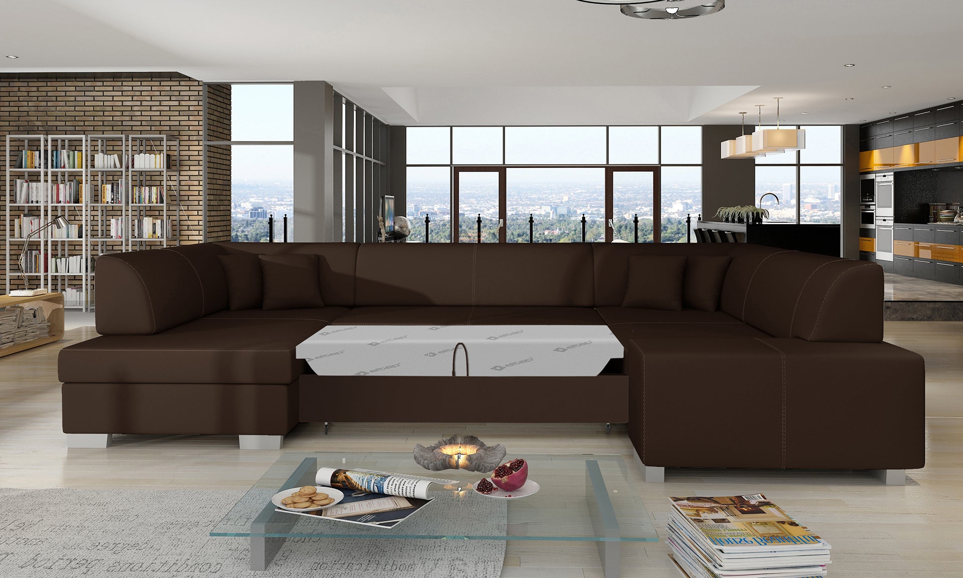 Narożnik Havana Soft 66 brązowy, modułowa sofa prezentowana w nowoczesnym, jasnym salonie