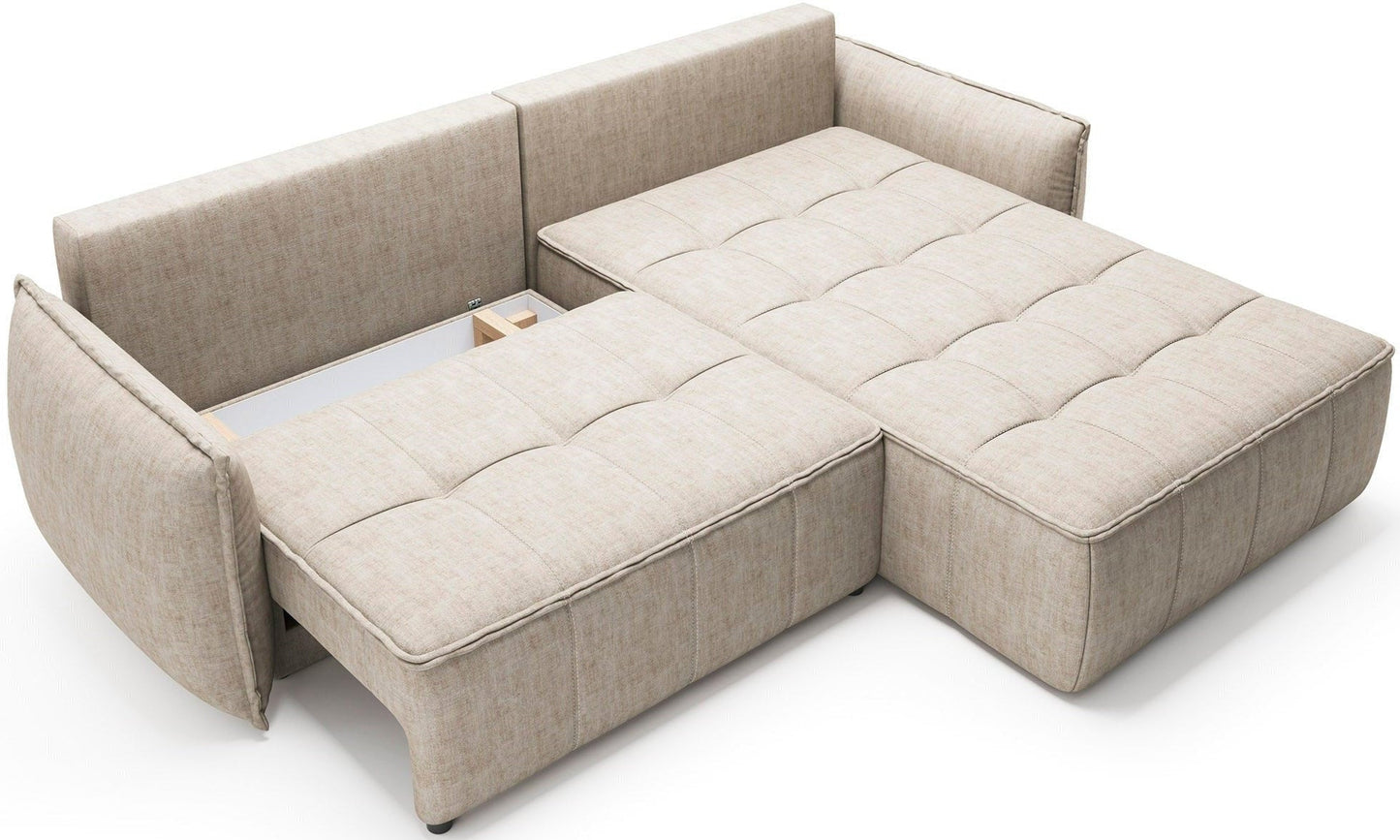 Prawostronny narożnik Campo Manhattan 18 jasnobeżowy z podniesionym szezlongiem odsłaniającym przestrzeń do przechowywania po prawej stronie.