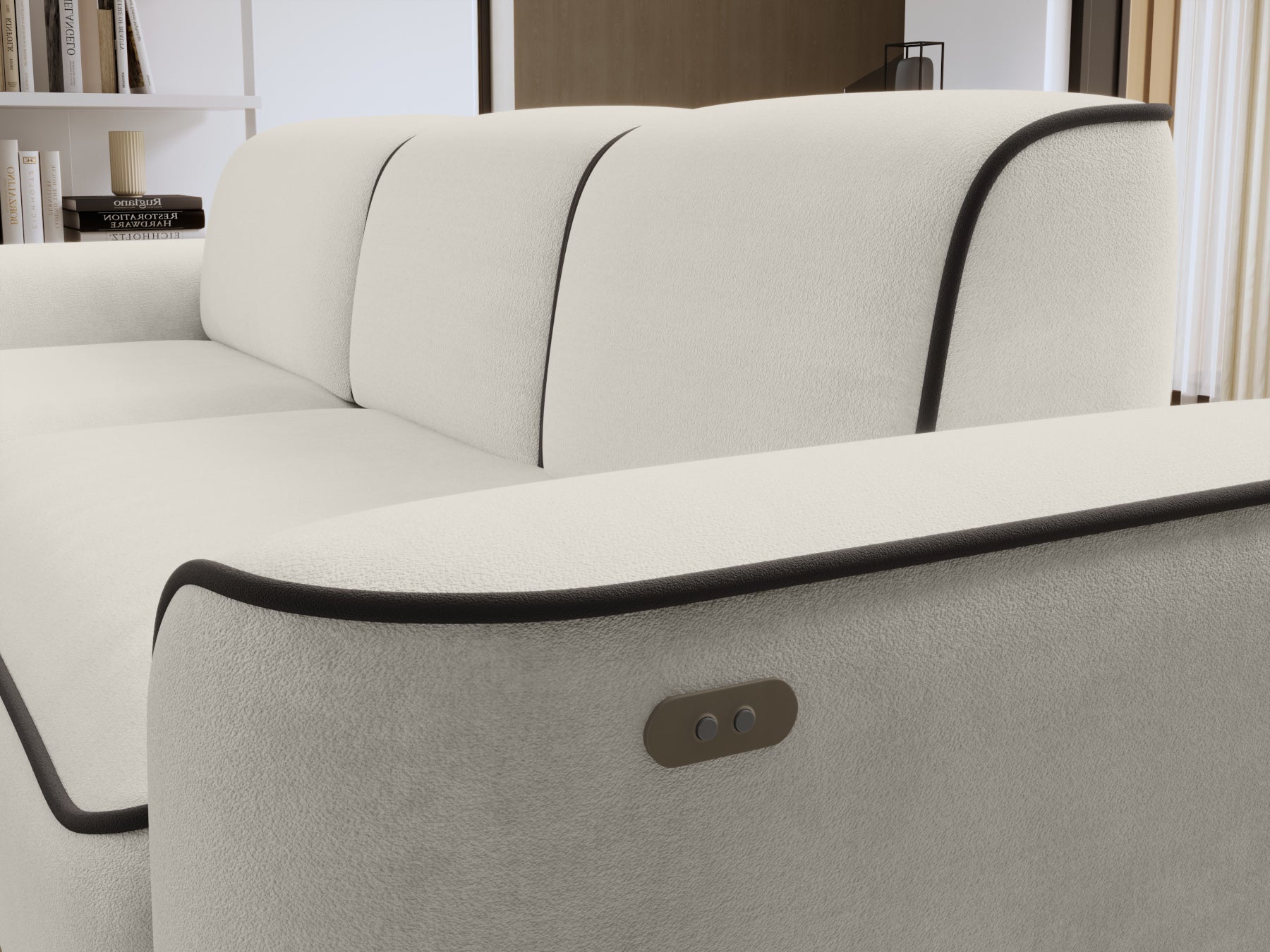 Detale oparcia narożnika Ume Amore 01 jasnobeżowy z kontrastową lamówką Velvetmat 22 brązową – widok faktury tkaniny.