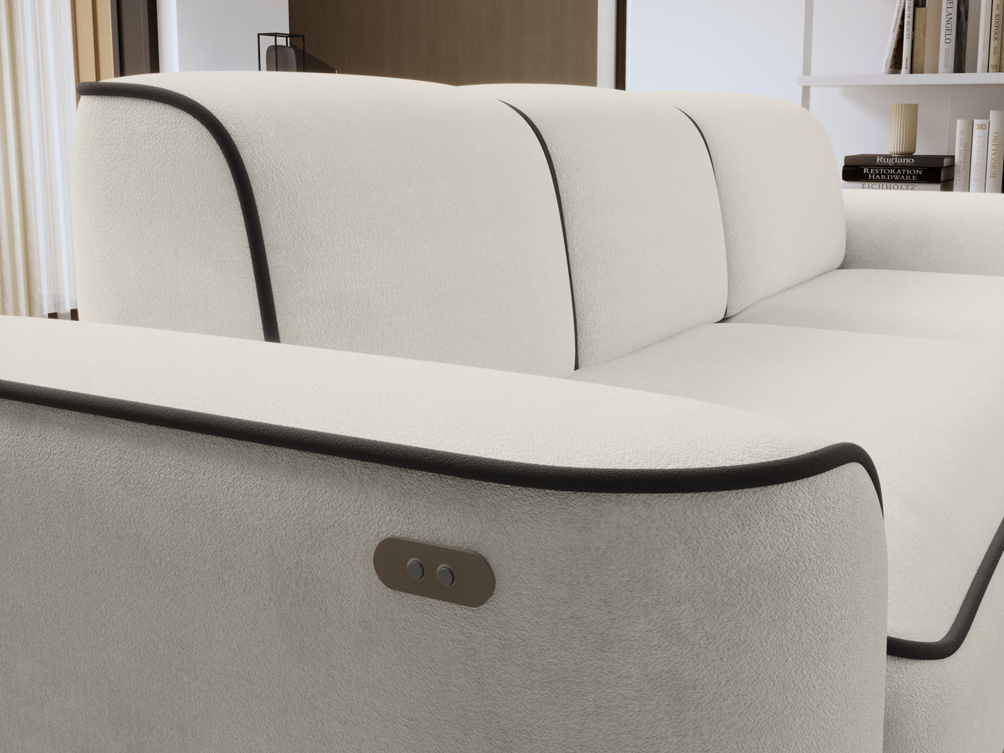 Zbliżenie otwartej szuflady schowka narożnika Ume Amore 01 jasnobeżowy z lamówką Velvetmat 22 brązową.