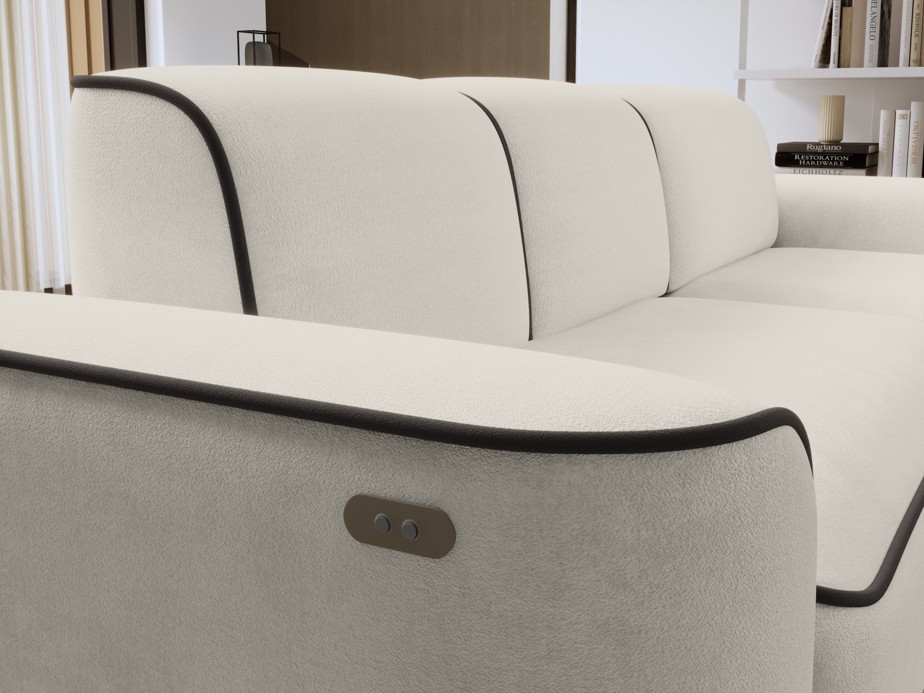 Zbliżenie otwartej szuflady schowka narożnika Ume Amore 01 jasnobeżowy z lamówką Velvetmat 22 brązową.