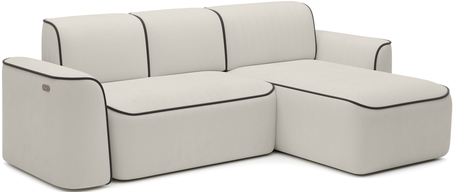 Narożnik Ume Amore 01 jasnobeżowy/Velvetmat 22 brązowy w układzie prawym rozłożony jako leżanka, widok ukośny.