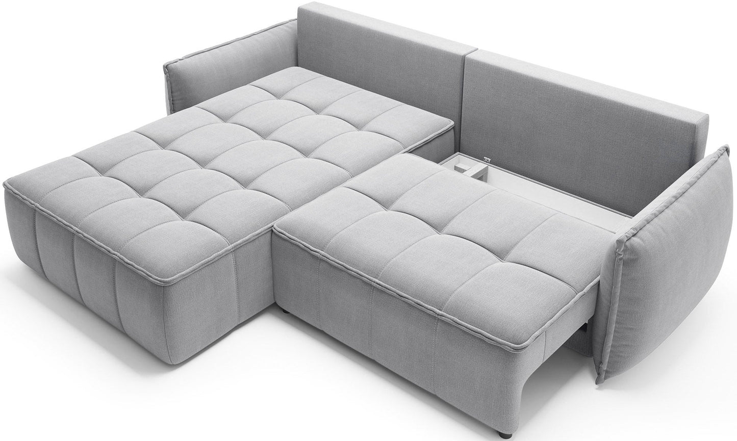 Narożnik Campo w układzie lewym, Nube 03 jasnoszary, z otwartą komorą schowka na akcesoria, prezentowany na neutralnym tle.