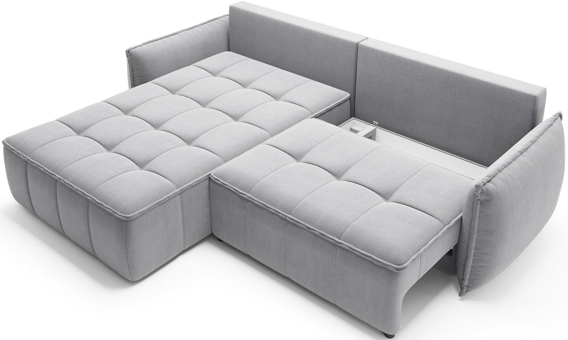 Narożnik Campo w układzie lewym, Nube 03 jasnoszary, z otwartą komorą schowka na akcesoria, prezentowany na neutralnym tle.