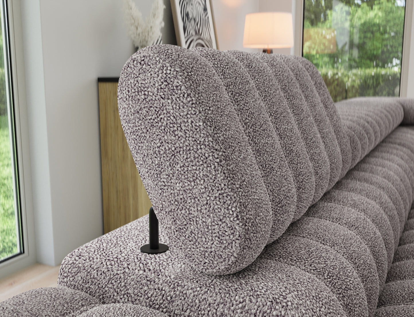 Narożnik Kanedo prawy szary, zbliżenie na podniesiony zagłówek z zaokrąglonymi krawędziami i wyraźną pętelkową fakturą tkaniny