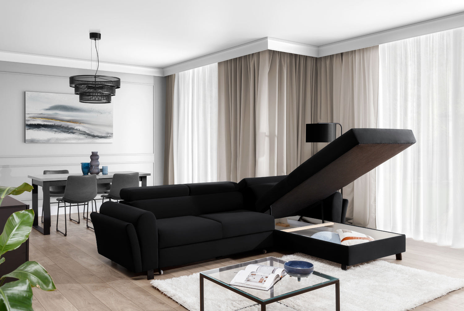 Duży narożnik Mariall Mat Velvet 99 czarny, luksusowa sofa narożna z welurowym obiciem i wygodnym siedziskiem, idealna do relaksu, oglądania telewizji oraz spędzania czasu z rodziną i gośćmi