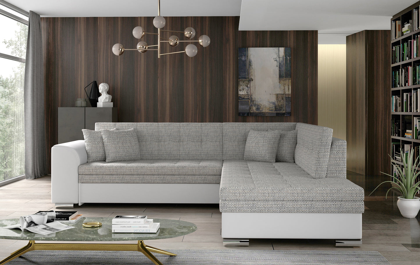 Narożnik Pieretta prawostronny w zestawieniu Berlin 01 szary oraz Soft 17 wyróżnia się eleganckim designem i funkcjonalnością, tworząc komfortową przestrzeń do relaksu i codziennego użytkowania w salonie.