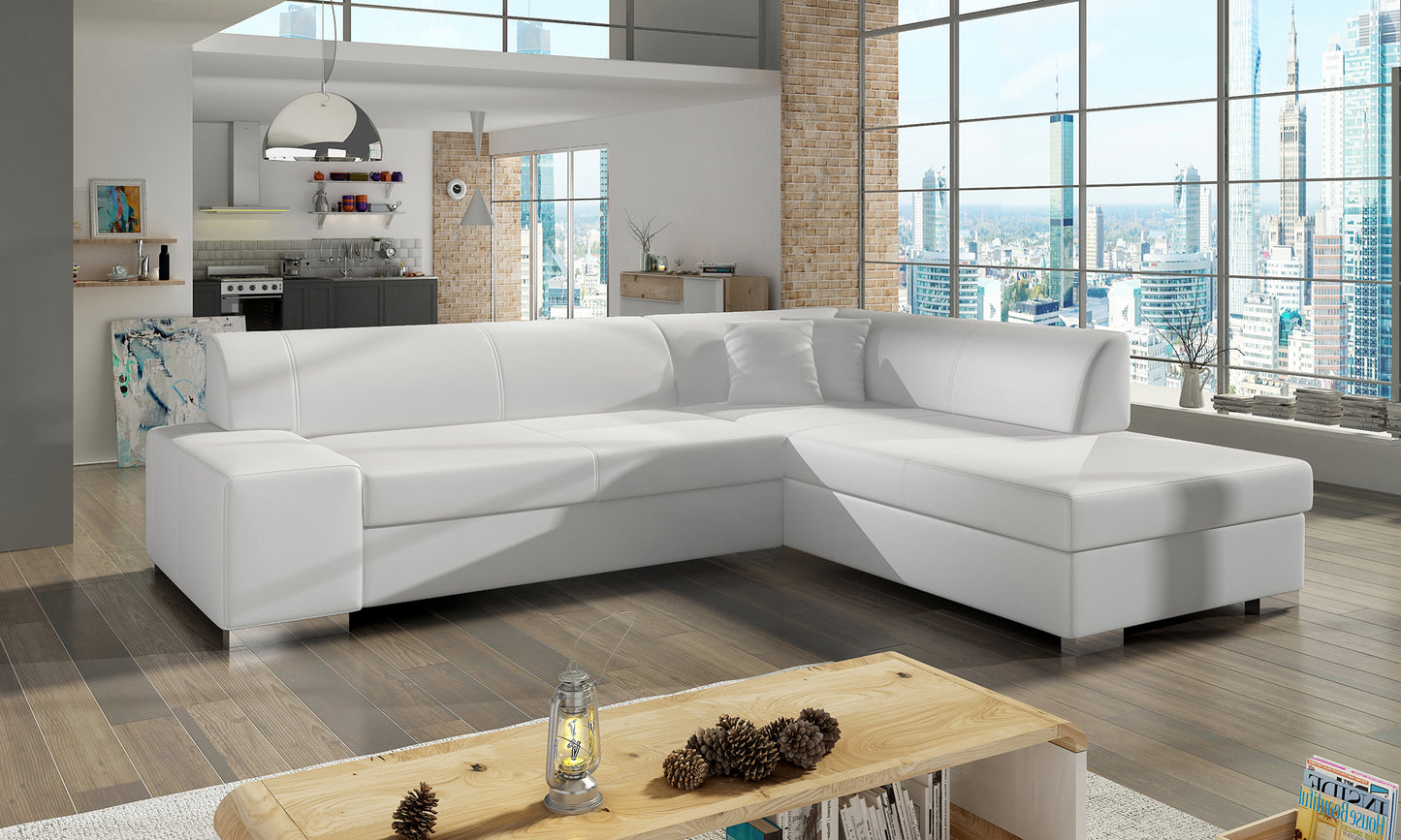 Duży narożnik Porto z białą tapicerkąSoft 17 prawy, wygodna sofa narożna do nowoczesnego salonu z miękkimi poduszkami i szerokim siedziskiem, idealna do odpoczynku i spotkań rodzinnych