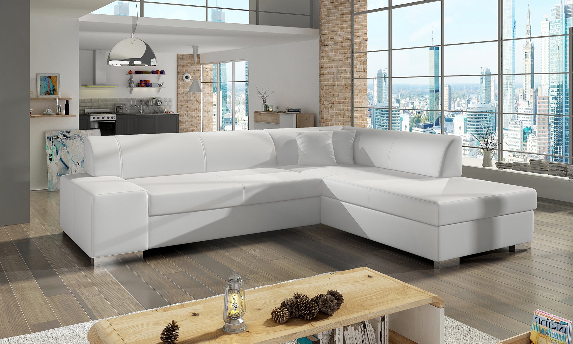Duży narożnik Porto z białą tapicerkąSoft 17 prawy, wygodna sofa narożna do nowoczesnego salonu z miękkimi poduszkami i szerokim siedziskiem, idealna do odpoczynku i spotkań rodzinnych