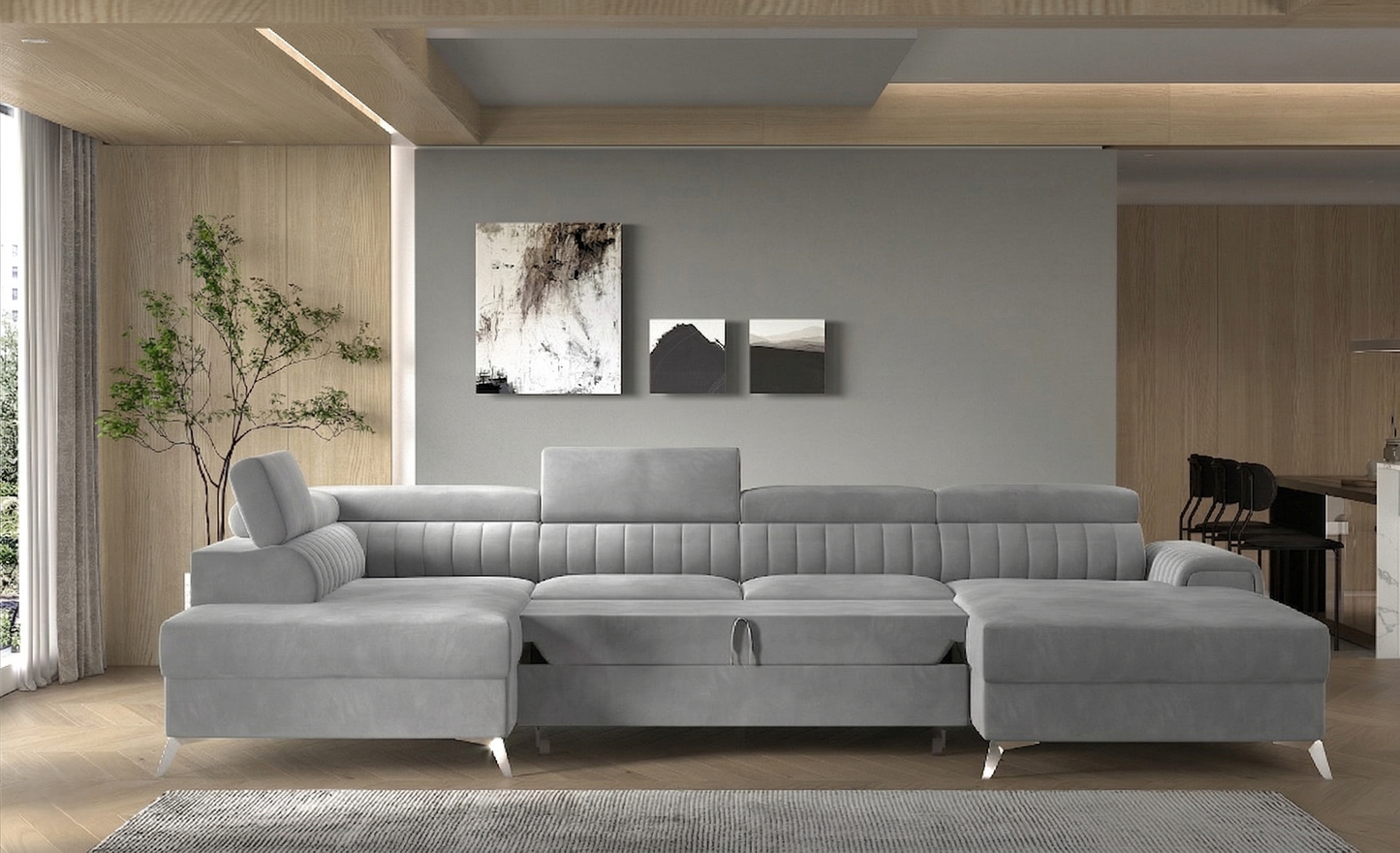 Jasnoszary narożnik Lacante z funkcją spania, lewostronny, w nowoczesnym salonie