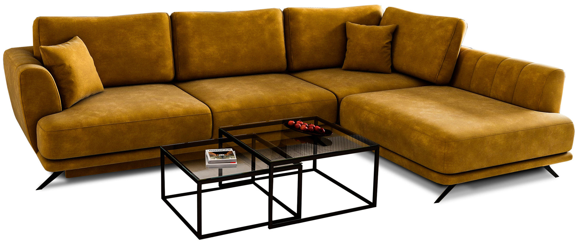 Narożnik Larde w tkaninie Nube 45 żółty, widok narożnika na białym tle