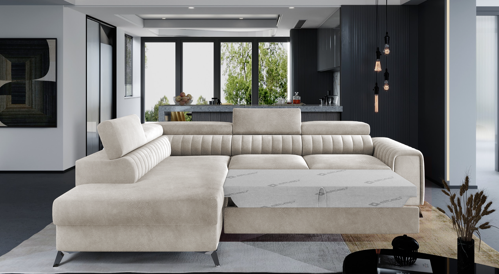 Narożnik Laurence w odcieniu Dora 21 beżowy, układ lewy, prezentowany w eleganckim wnętrzu z dywanem i nowoczesnym oświetleniem.