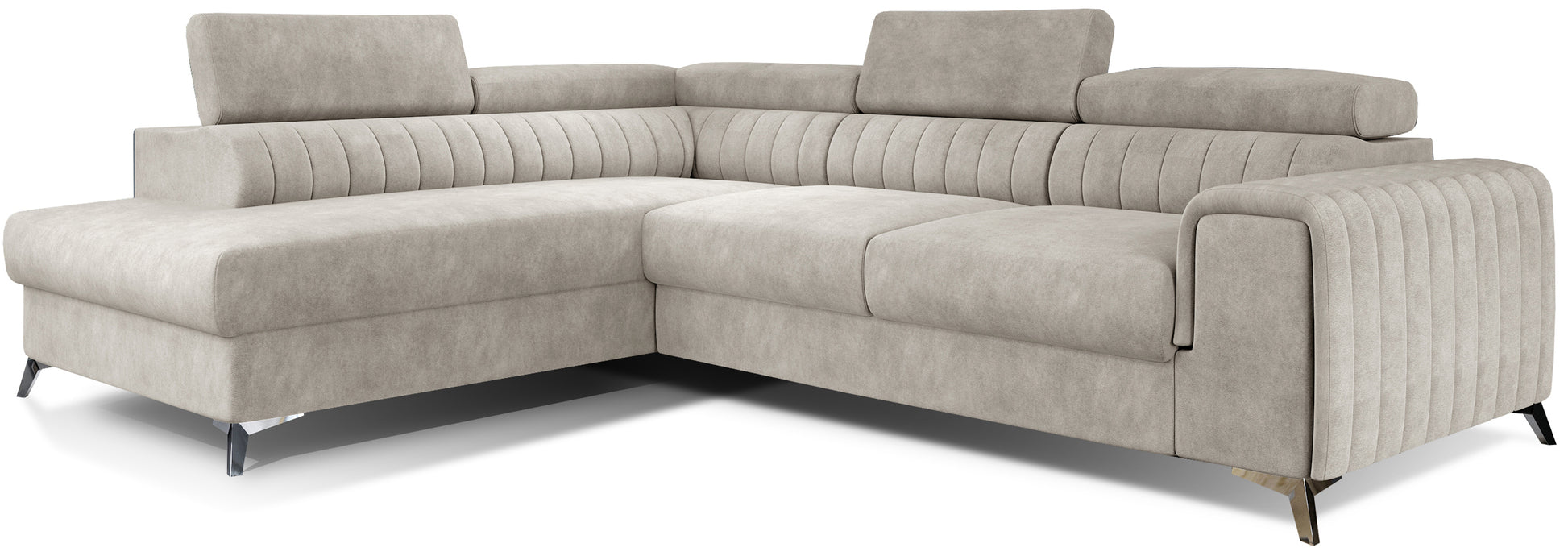 Narożnik Laurence w układzie lewym, tapicerowany tkaniną Dora 21 beżowy, z regulowanymi zagłówkami i nowoczesnymi metalowymi nogami.