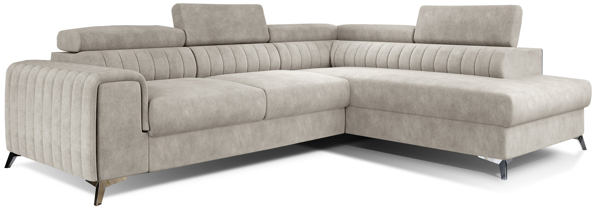 Narożnik Laurence w układzie prawym, tapicerowany tkaniną Dora 21 beżowy, z regulowanymi zagłówkami i eleganckimi metalowymi nogami.