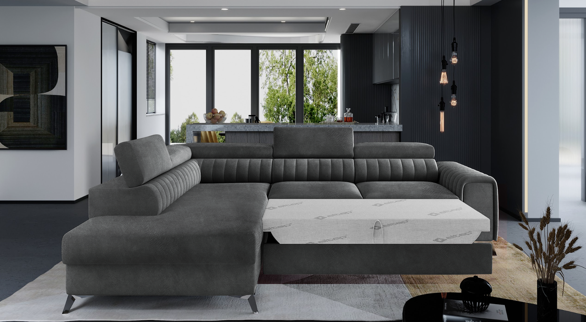 Narożnik Laurence w odcieniu Dora 96 czarny, układ lewy, rozłożony z funkcją spania i dodatkowym miejscem do odpoczynku.