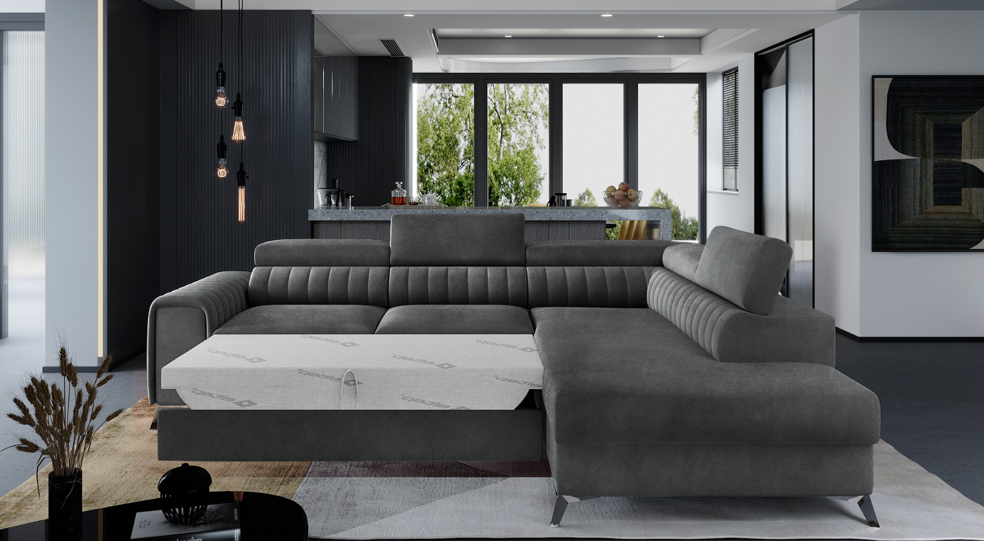 Narożnik Laurence w tkaninie Dora 96 czarny, układ prawy, rozłożony z funkcją spania zapewniającą komfortowy wypoczynek.