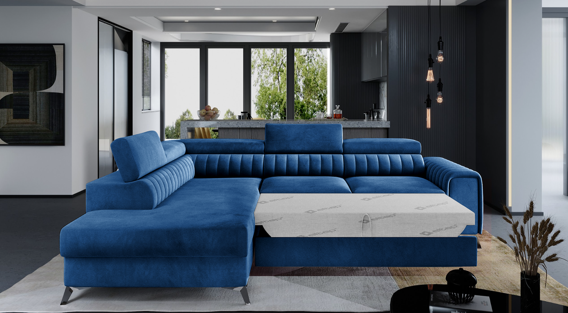 Narożnik Laurence w tkaninie Kronos 09 granatowy, układ lewy, rozłożony z funkcją spania zapewniającą komfortowy odpoczynek.