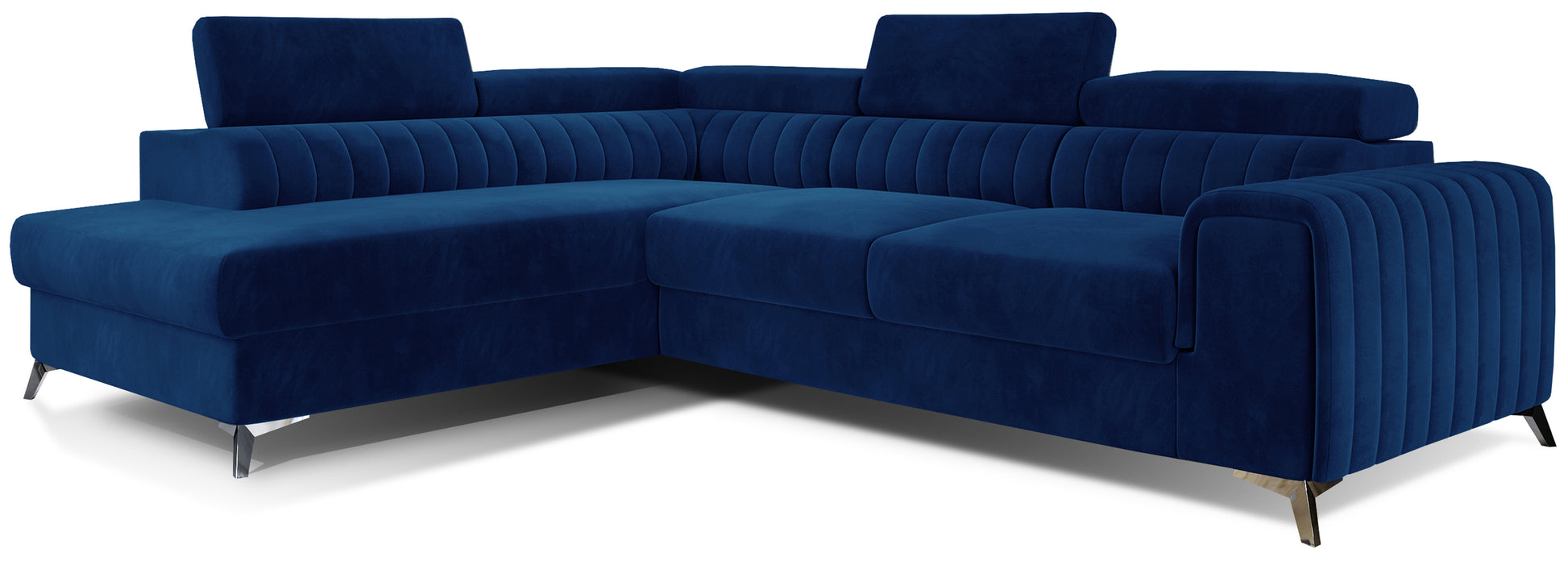 Narożnik Laurence w układzie lewym, tapicerowany tkaniną Kronos 09 granatowy, z regulowanymi zagłówkami i eleganckimi metalowymi nogami.