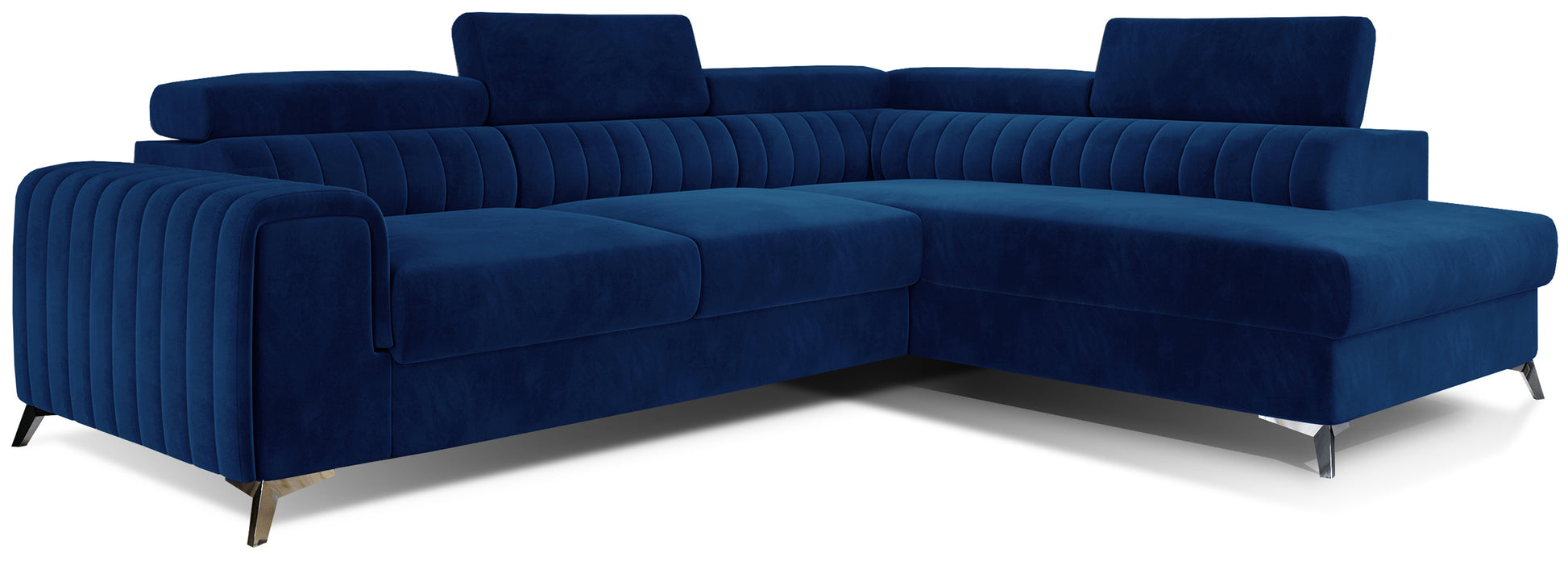 Narożnik Laurence w układzie prawym, tapicerowany tkaniną Kronos 09 granatowy, z regulowanymi zagłówkami i eleganckimi metalowymi nogami.