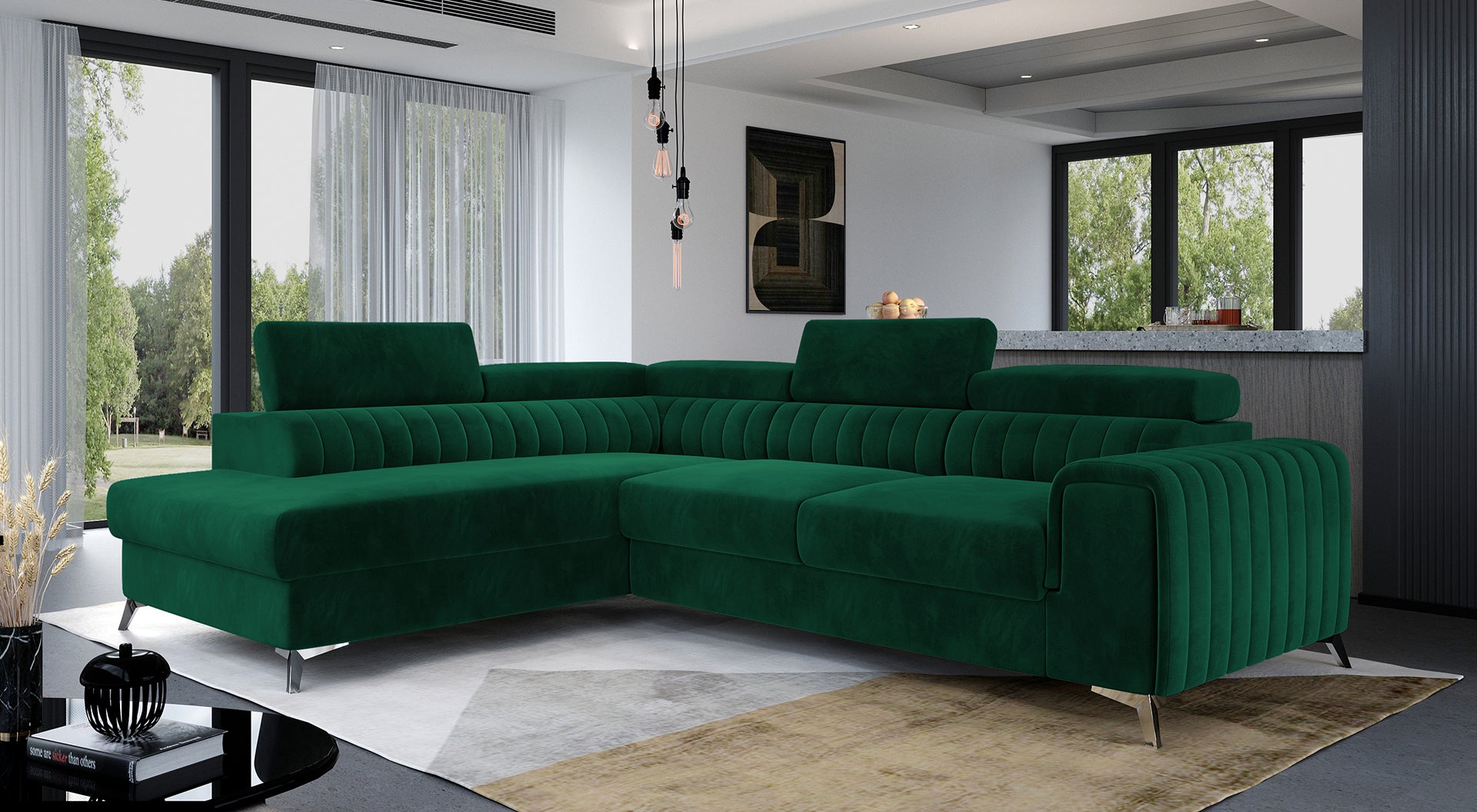 Narożnik Laurence w kolorze Kronos 19 zielony, układ lewy, ustawiony w nowoczesnym salonie z dużymi oknami i eleganckim wystrojem.