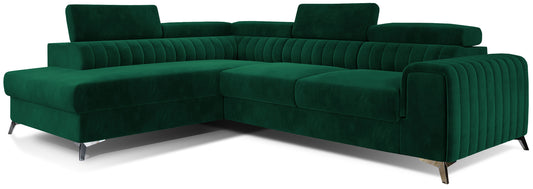 Narożnik Laurence w układzie lewym, tapicerowany tkaniną Kronos 19 zielony, z regulowanymi zagłówkami i metalowymi nogami.