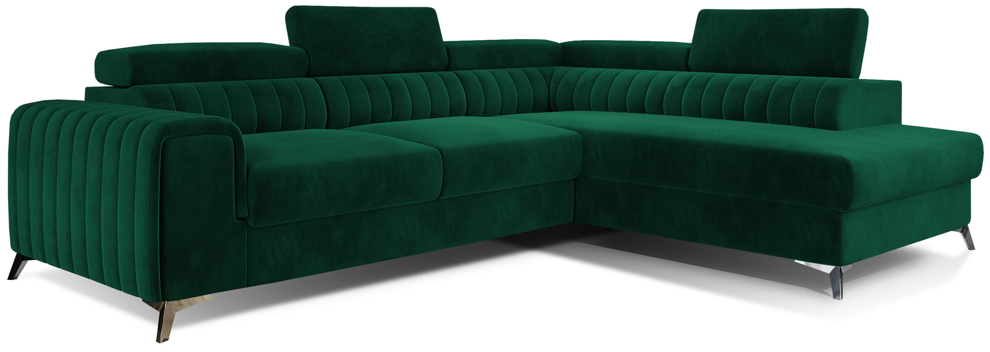 Narożnik Laurence w układzie prawym, tapicerowany tkaniną Kronos 19 zielony, z regulowanymi zagłówkami i eleganckimi metalowymi nogami.