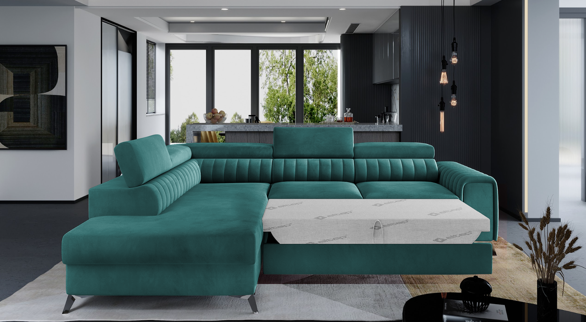 Narożnik Laurence w tkaninie Mat Velvet 75 zielony, układ lewy, rozłożony z funkcją spania zapewniającą komfortowy odpoczynek.